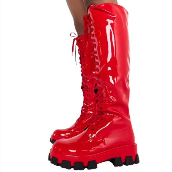 Dolls Kill Firehouse Red Patent Leather Tall Slouchy Knee High Chunky Sole Boots - Picture 4 of 4